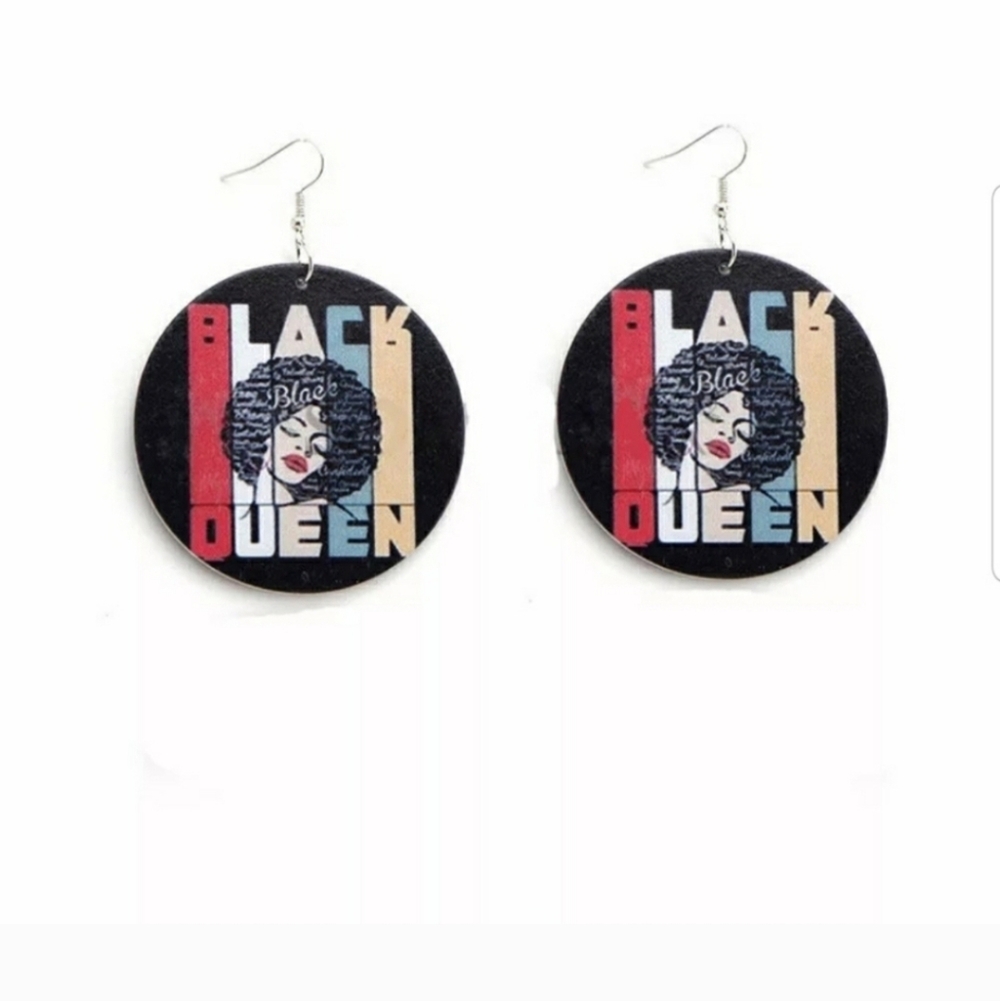 Black Queen Afro Wood Statement Earrings